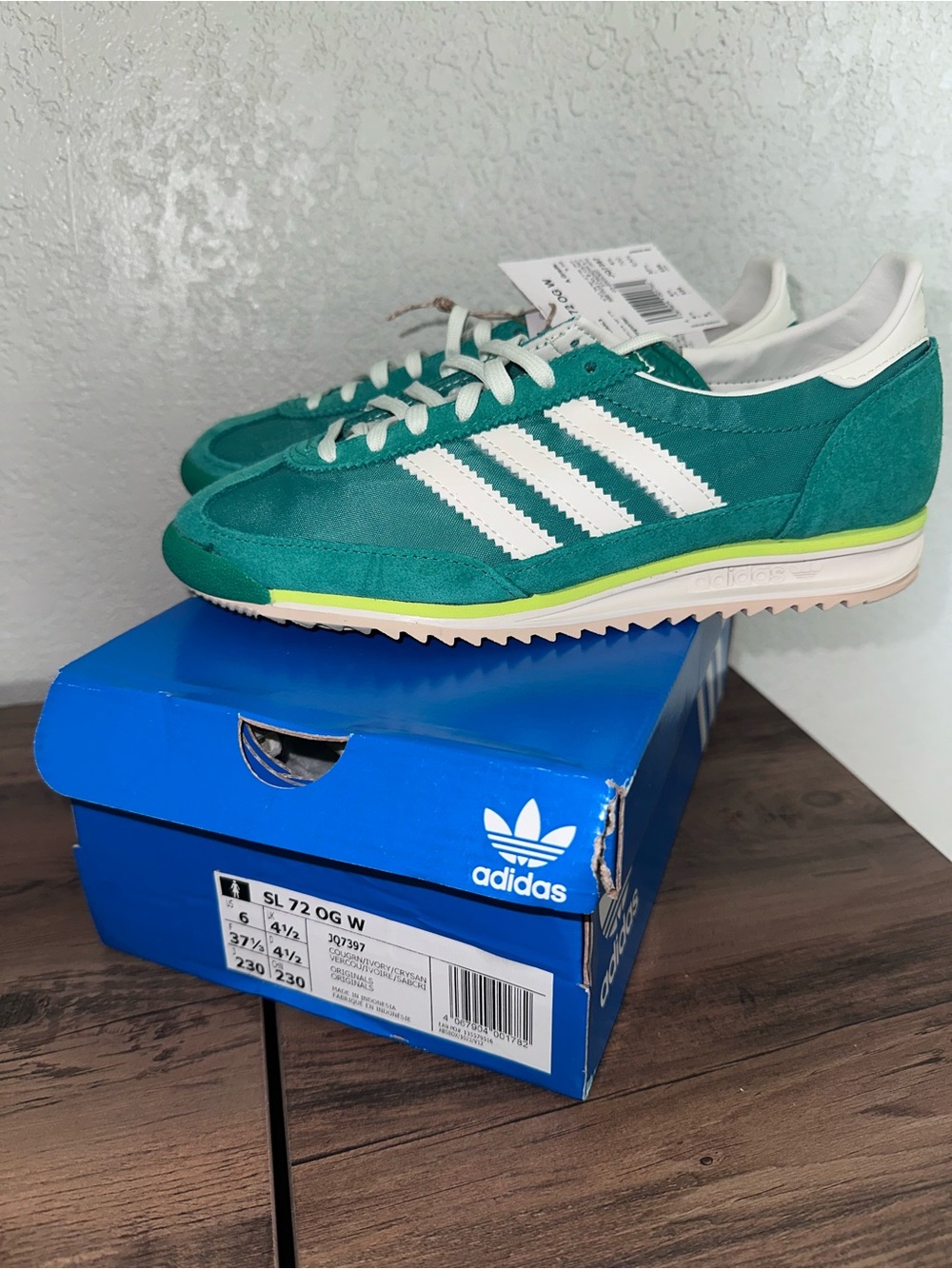 adidas green and White SL 72 Retro Runner with Lime Accent